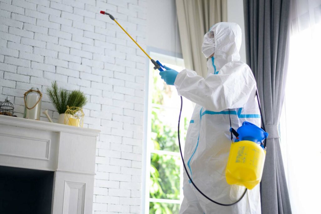 A medical staff in PPE suit is using disinfectant spray in living room, Covid-19 protection , disinfection concept